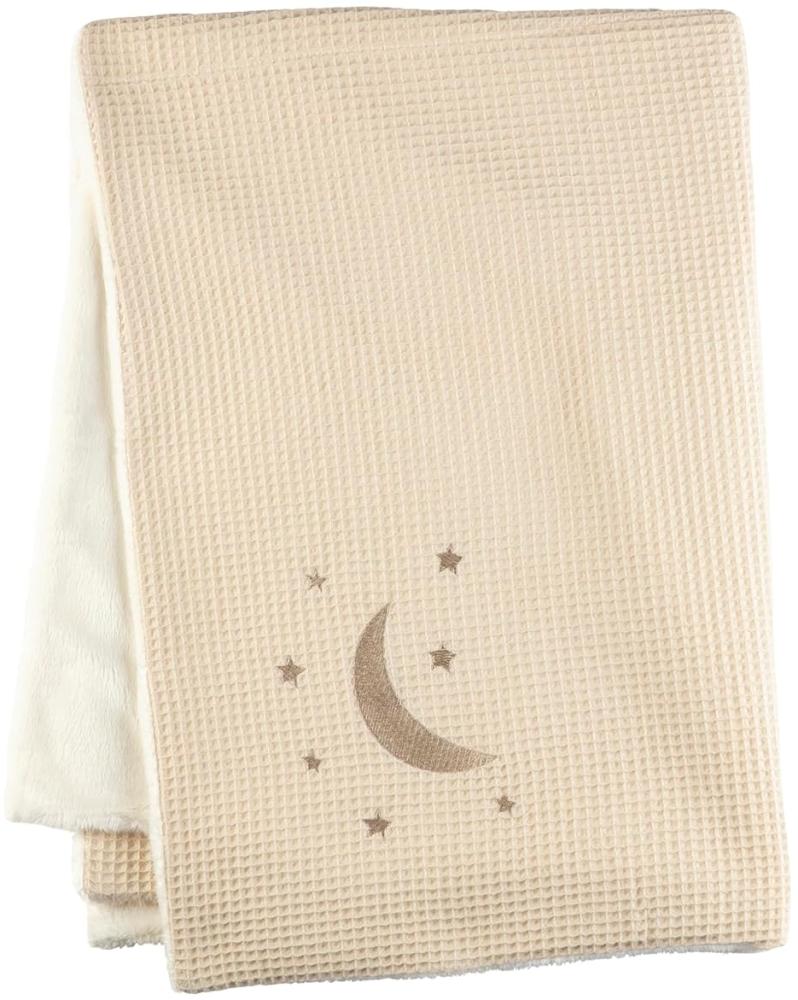 Baby Kuscheldecke aus Flauschstoff und Waffelpique, Schmusedecke mit Stickerei Mond und Sterne, Babydecke ab der Geburt, 75 x 100 cm, ecru Bild 1