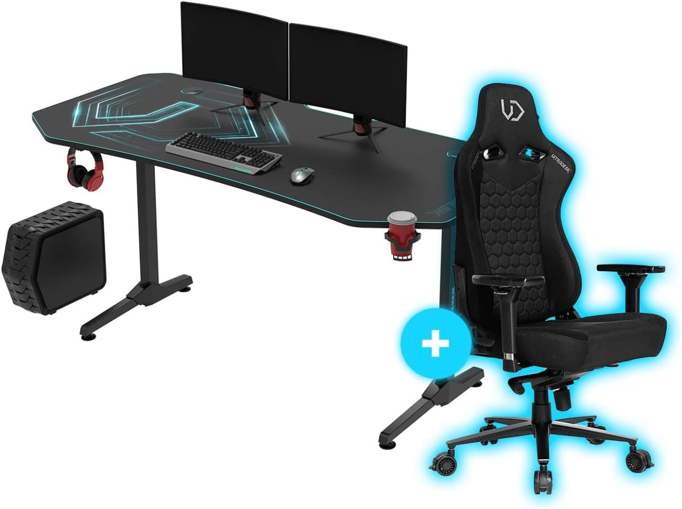 ULTRADESK Frag XXL 160x75 cm + Throne Gaming Stuhl, Gamer Tisch mit großer Arbeitsfläche & XXL-Pad, 2 Kabeldurchlässe, Fach für Steckdosenleisten, Stahlgestell, Blau Bild 1