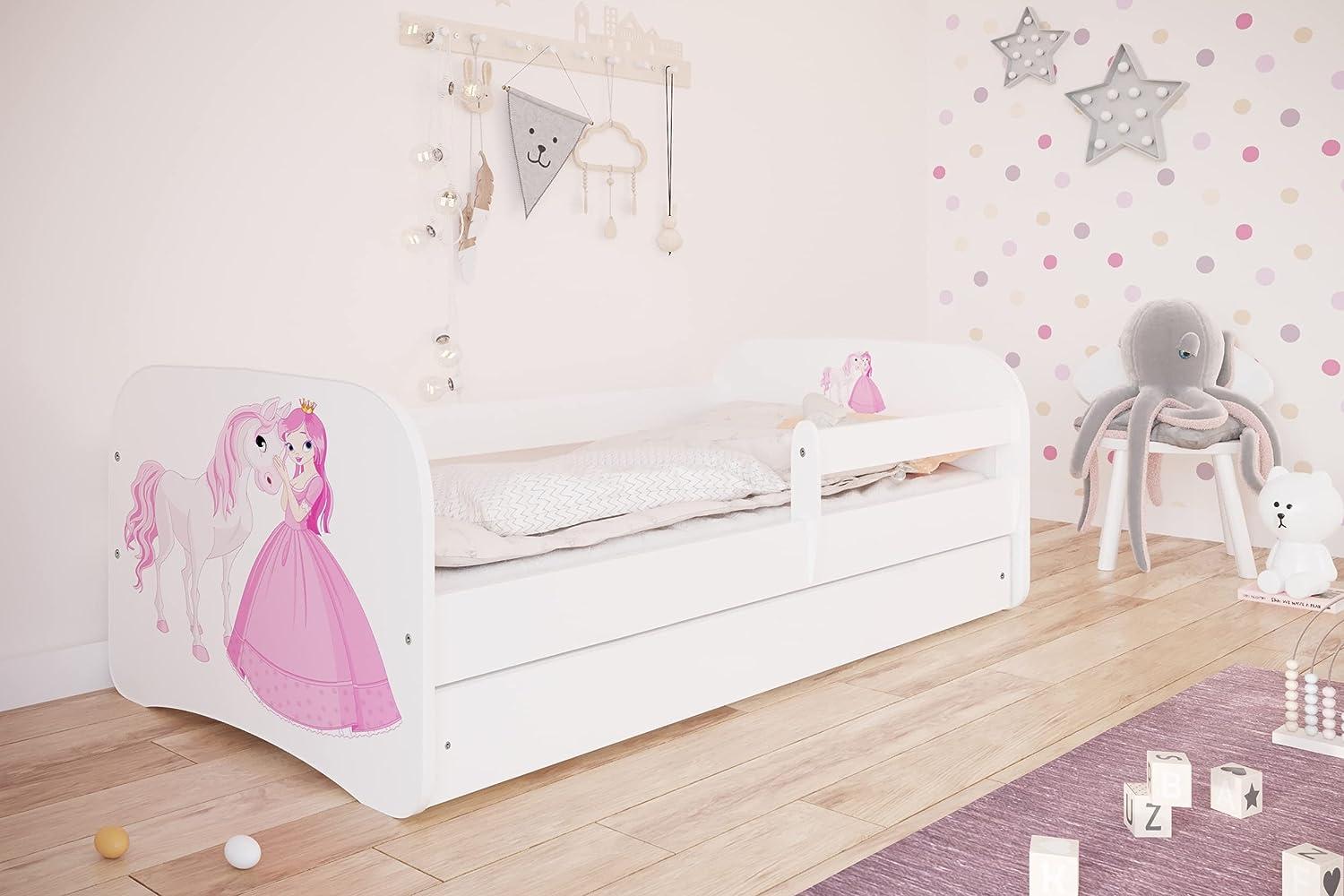 Kinderbett Jugendbett Weiß mit Rausfallschutz Schublade und Lattenrost Kinderbetten für Mädchen und Junge - Prinzessin und Pferd 80 x 160 cm Bild 1