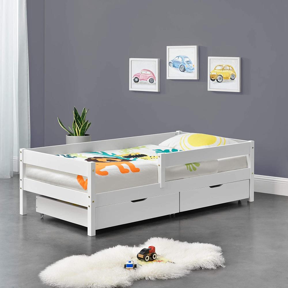 en.casa Kinderbett aus Kiefernholz mit Rausfallschutz, Schubladen und Lattenrost, 90x200 cm, weiß Bild 1