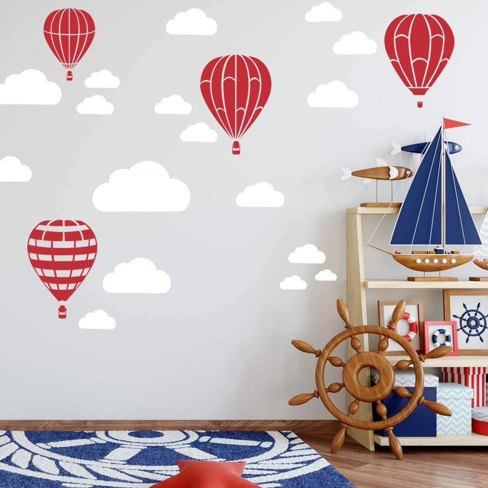 Heißluftballon & Wolken Aufkleber Wandtattoo Himmel | Wandbild 6x DIN A4 Bögen | Sticker Kinder Kinderzimmer Deko Ballons (Rot) Bild 1