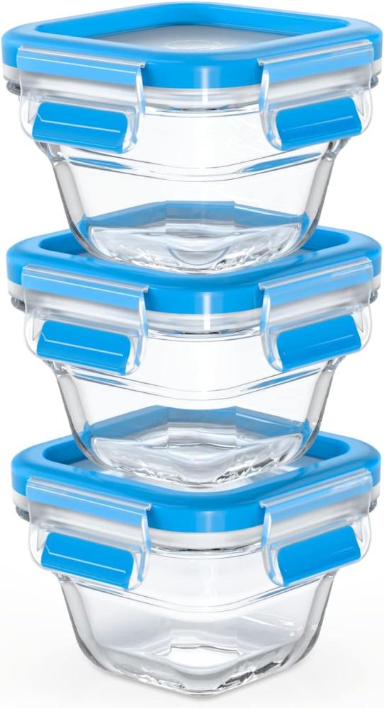 Emsa N10507 Clip & Close Glas Frischhaltedosen-Set 3-teilig | 3 x 0,18 L | stapelbar | gefrierfest | backofenfest | mikrowellenfest | 100% dicht | spülmaschinenfest | Transparent/Blau Bild 1