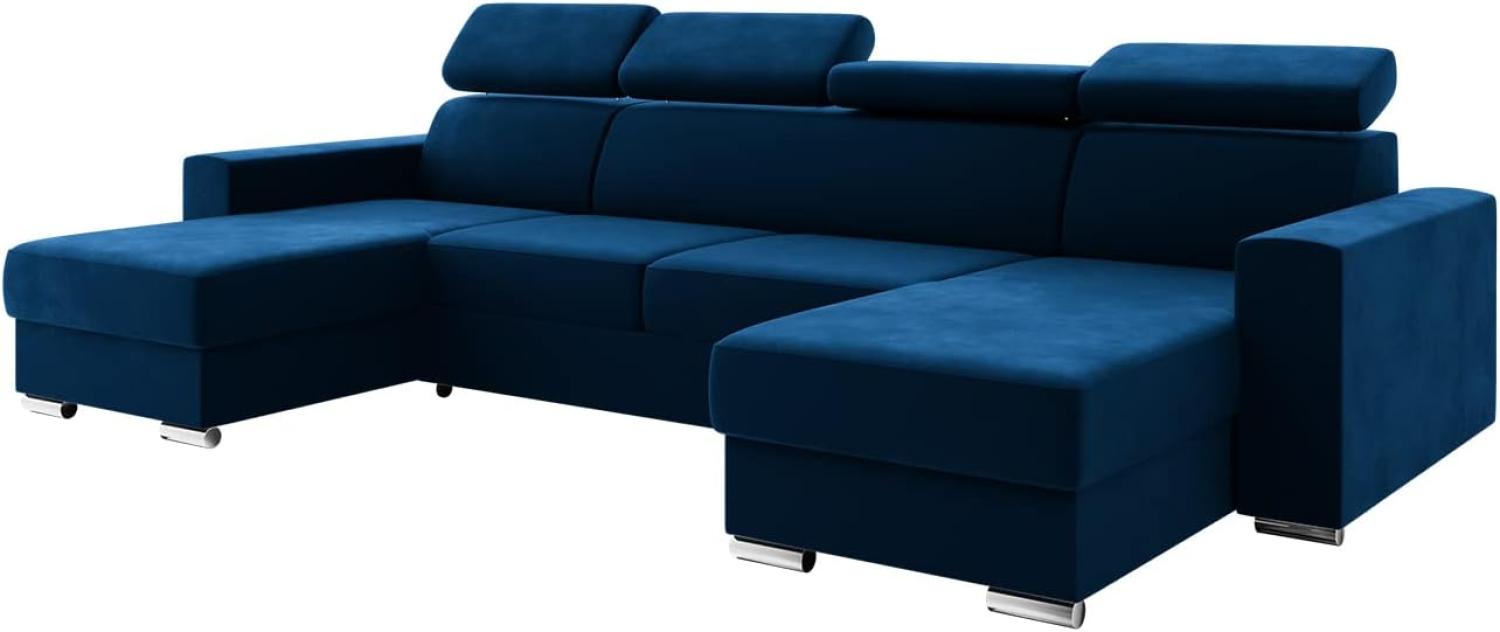 MEBLINI Schlafcouch mit Bettkasten - VOSS - 306x168x79cm - Blau Samt - Ecksofa mit Schlaffunktion - Sofa mit Relaxfunktion und Kopfstützen - Couch U-Form - Eckcouch - Wohnlandschaft Bild 1