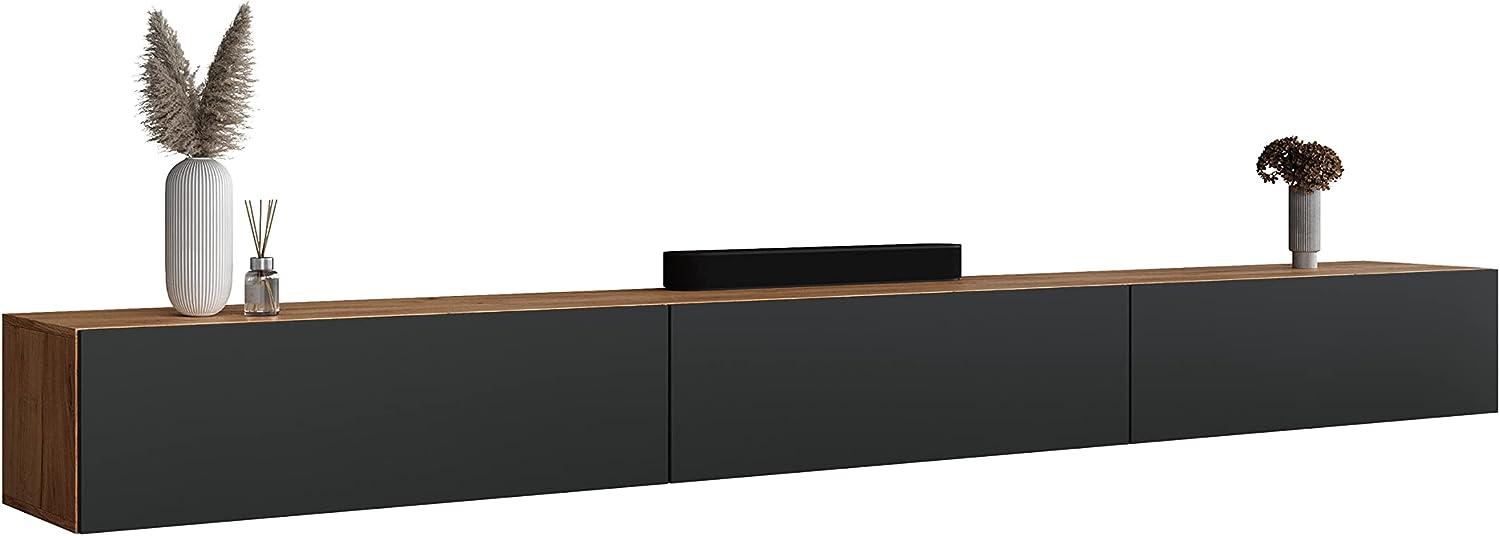 Planetmöbel TV Board 300 cm Gold Eiche/Anthrazit, TV Schrank mit 3 Klappen als Stauraum, Lowboard hängend oder stehend, Sideboard Wohnzimmer Bild 1