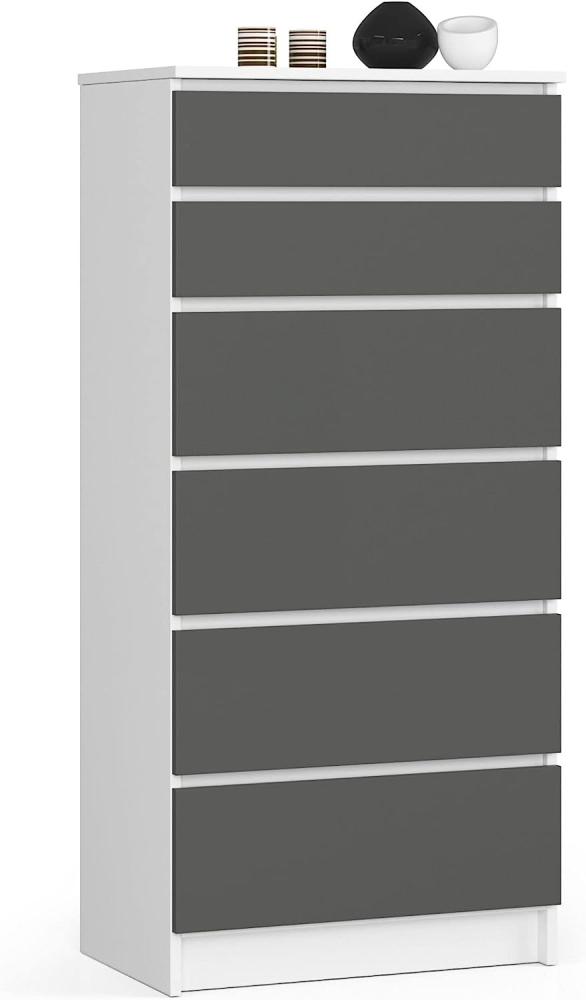 AKORD Kommode K60 mit 6 Schubladen | für das Wohnzimmer Schlafzimmer Schrank Büro Arbeitszimmer | Modernes Funktionales Design | B60 x H130 x T40 cm, Gewicht 43kg | Weiß/Graphitgrau Bild 1