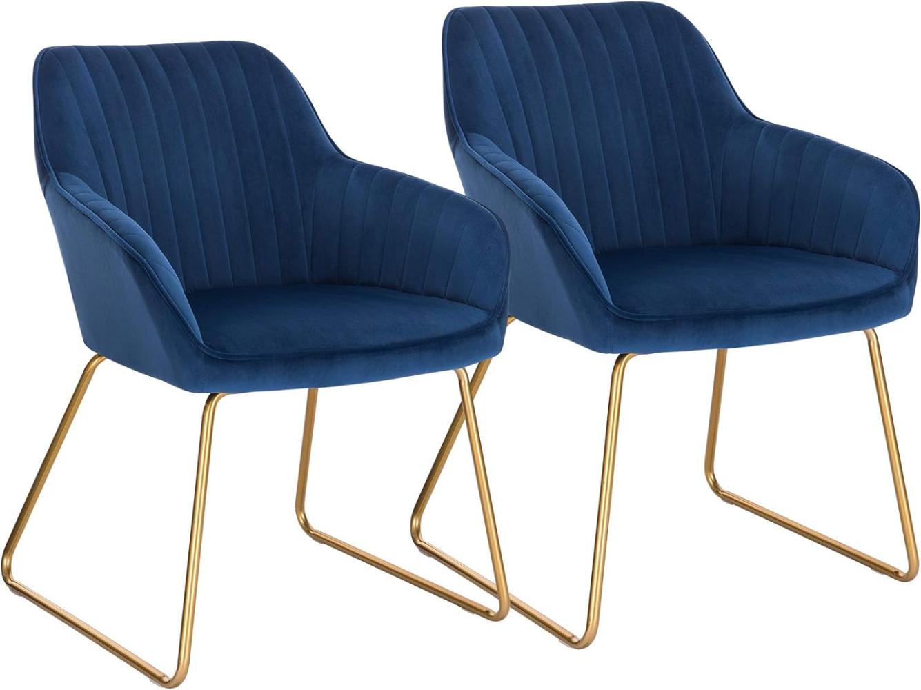 WOLTU Esszimmerstühle BH246bl-2 2er Set Küchenstuhl Polsterstuhl Wohnzimmerstuhl Sessel mit Armlehne, Sitzfläche aus Samt, Gold Beine aus Metall, Blau Bild 1
