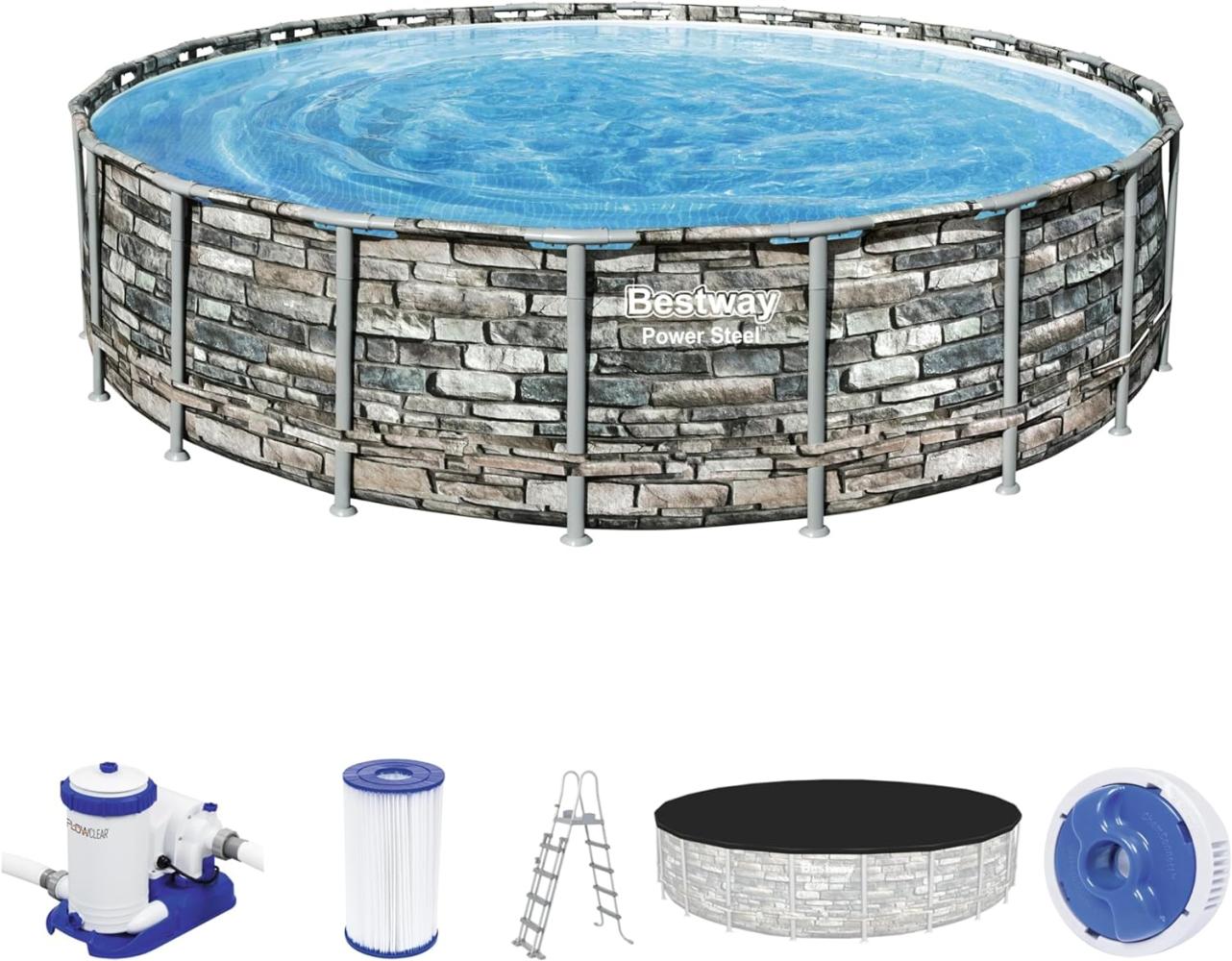 Power Steel™ Frame Pool Komplett-Set mit Filterpumpe Ø 610 x 132 cm, Steinwand-Optik (Naturstein), rund Bild 1