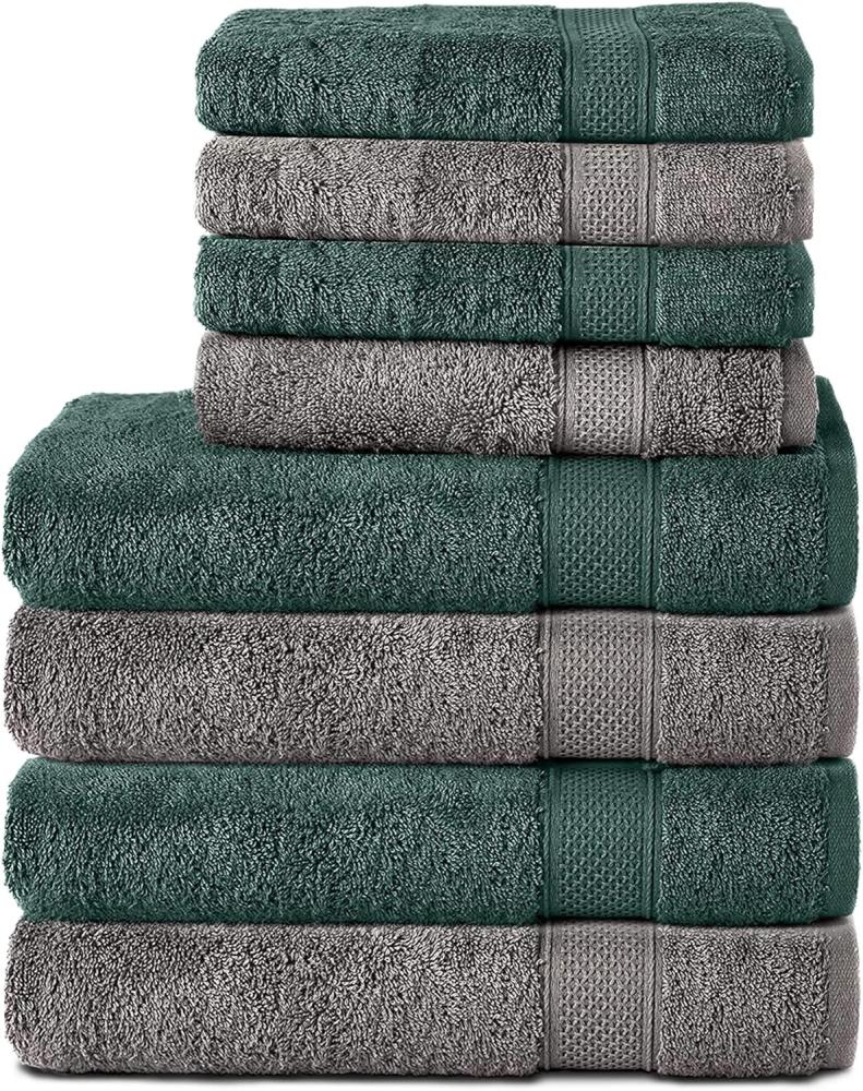 Komfortec 8er Handtuch Set aus 100% Baumwolle, 4 Badetücher 70x140 und 4 Handtücher 50x100 cm, Frottee, Weich,Groß, Anthrazit Grau/Dunkel grün Bild 1