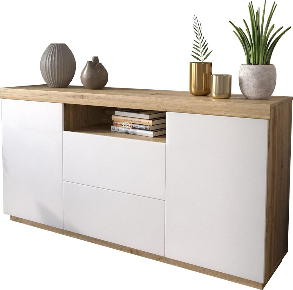 Domando Sideboard Ravello M1 Modern für Wohnzimmer Breite 164cm, Push-to-open-System in Wotan Eiche und Weiß Matt Bild 1