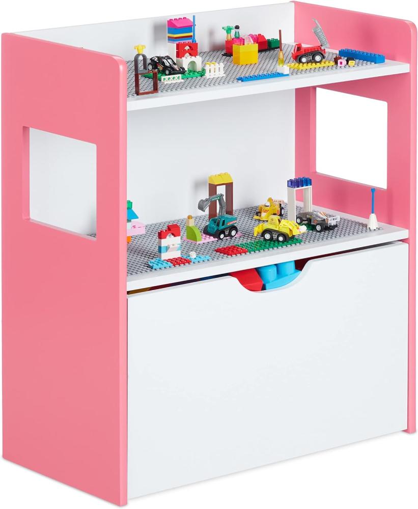 Relaxdays Kinderregal mit Bauplatten, Aufbewahrungsbox mit Rollen, HxBxT: 60 x 52 x 26,5 cm, Spielzeugregal, MDF, bunt Bild 1