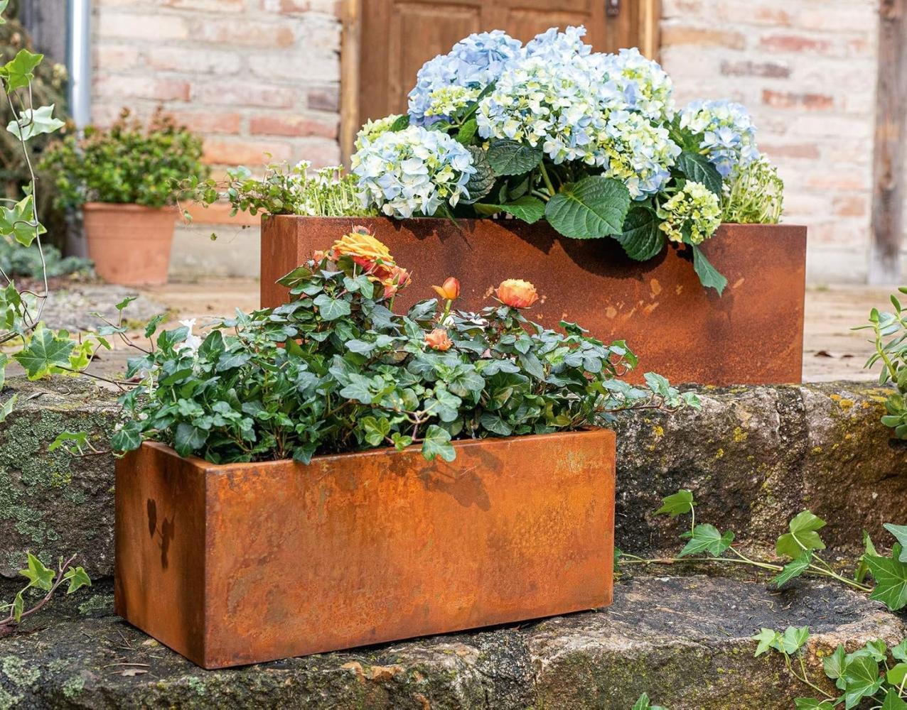 Dekoleidenschaft Blumenkasten aus Metall in Rost Optik, Blumenkasten, Pflanzkübel, Pflanzcontainer (2 St, im Set), aus Metall in Rost Optik, Pflanzkasten eckig, Pflanzkübel, Hochbeet Bild 1