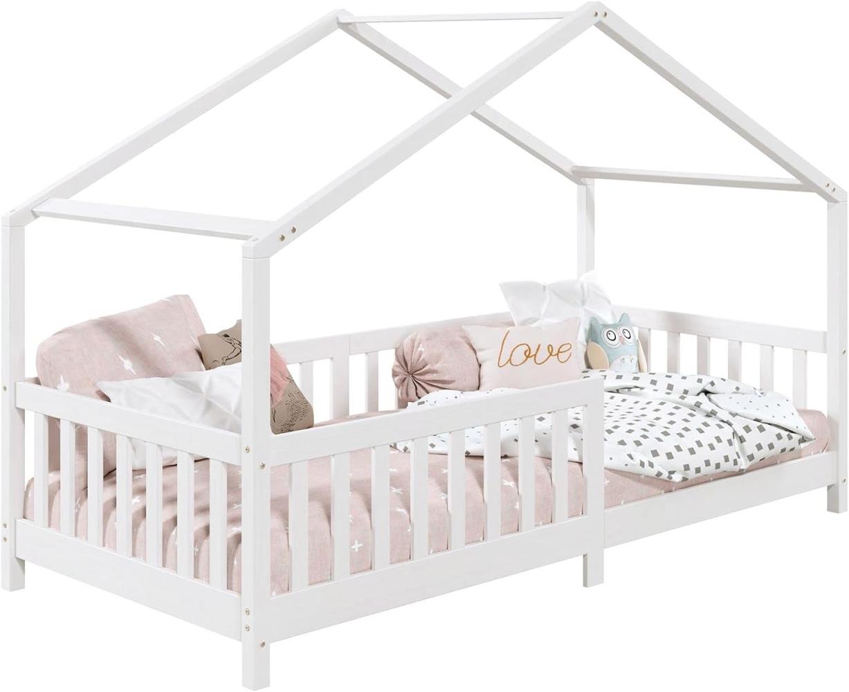 IDIMEX Hausbett LISAN aus massiver Kiefer in weiß, schönes Montessori Bett in 90 x 200 cm, stabiles Indianerbett mit Rausfallschutz und Dach Bild 1