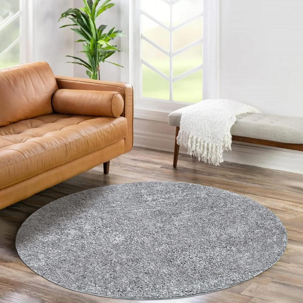 carpet city Shaggy Hochflor Teppich - Rund 200 cm - Grau - Langflor Wohnzimmerteppich - Einfarbig Uni Modern - Flauschig-Weiche Teppiche Schlafzimmer Deko Bild 1