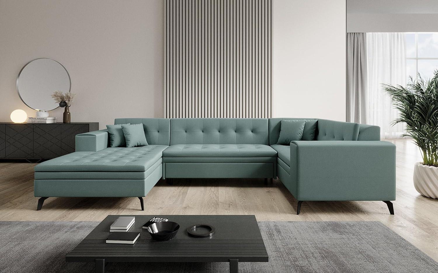 Designer Sofa Neola mit Schlaffunktion Stoff Grün Links Bild 1