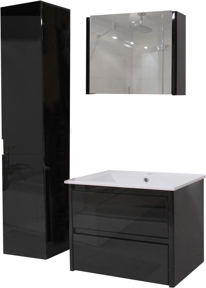 Badezimmerset HWC-B19, Waschtisch Spiegelschrank Hängeschrank, hochglanz ~ schwarz Bild 1