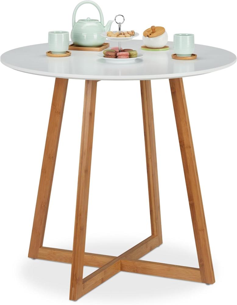 Relaxdays Esstisch rund, skandinavisch, Kreuzbeine, 2 Personen, aus Bambus & MDF, Küchentisch, HxD 75x80 cm, weiß/natur Bild 1