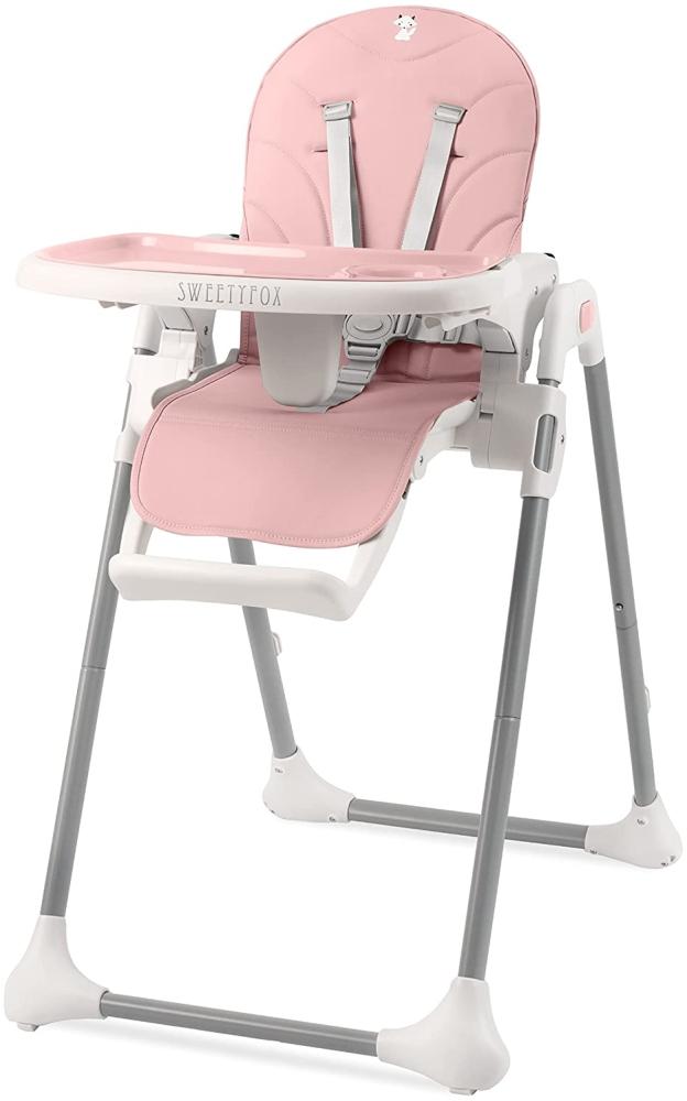 Sweety Fox Ultrakompakter Hochstuhl Baby - Klappbarer und verstellbarer Kinderhochstuhl - Kinderstuhl mit abnehmbares Tablett und Klipp-Teller - Mitwachsender Baby Hochstuhl mit Liegefunktion (Rosa) Bild 1