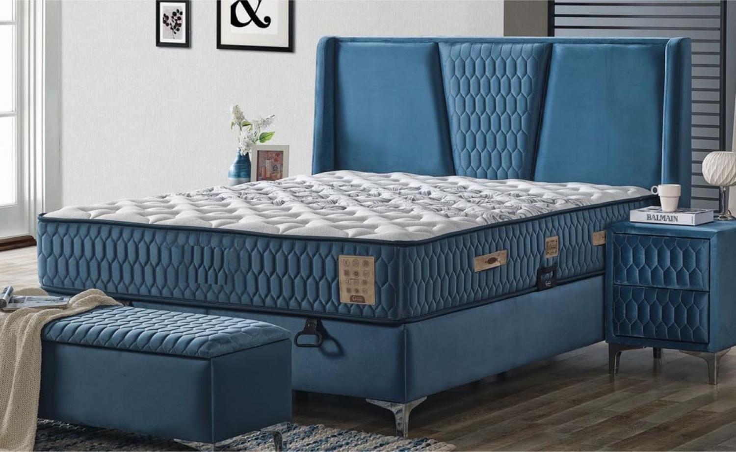 Casa Padrino Luxus Doppelbett Blau / Weiß / Silber 180 x 200 cm - Massivholz Bett mit Kopfteil und Matratze - Schlafzimmer Möbel - Hotel Möbel - Luxus Möbel - Luxus Einrichtung Bild 1