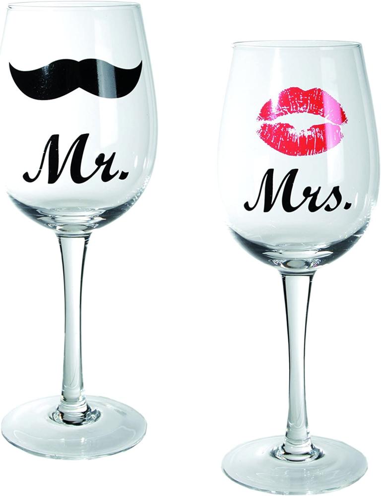 Out of the blue Weinglas mit Kussmund & Schnurrbartdekor Mr und Mrs, circa 430 ml, Höhe 22,5 cm 2-er Set in PVC-Box Bild 1