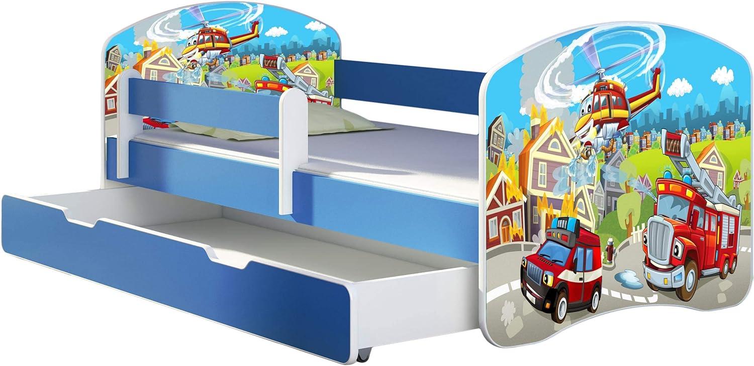 ACMA Kinderbett Jugendbett mit Einer Schublade und Matratze Blau mit Rausfallschutz Lattenrost II 140x70 160x80 180x80 (36 Feuerwehr, 140x70 + Bettkasten) Bild 1