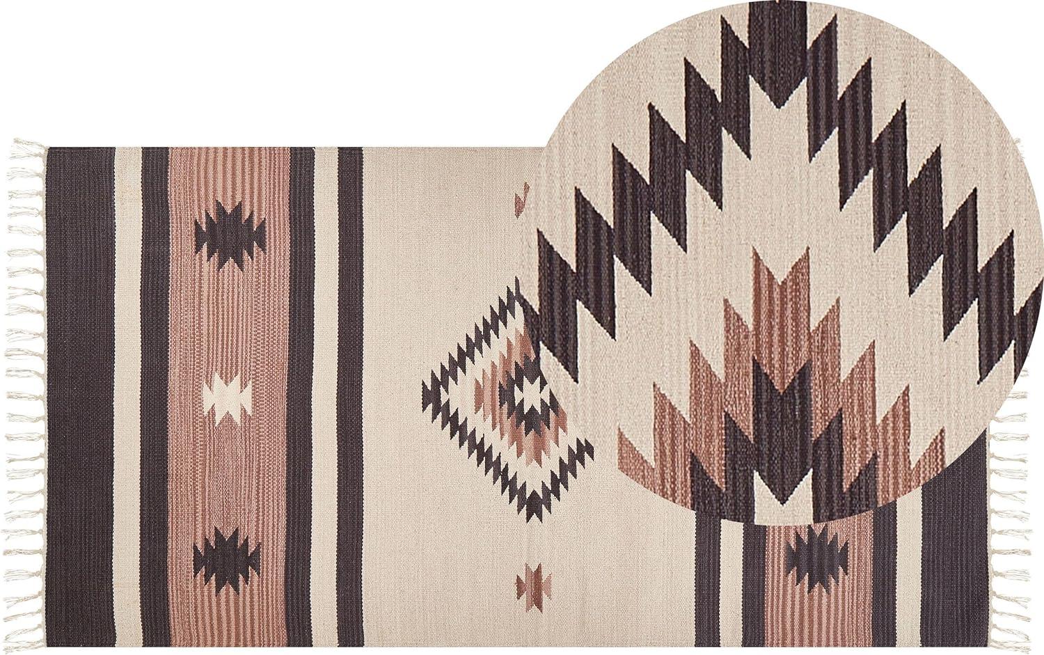 Kelim Teppich Baumwolle beige braun 80 x 150 cm geometrisches Muster Kurzflor ARAGATS Bild 1