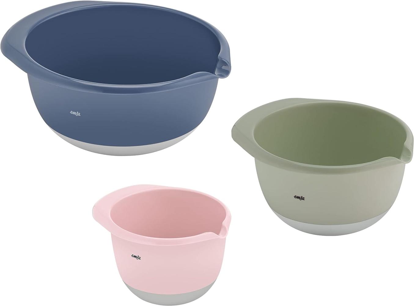Emsa Prep&Bake 3-teiliges Rührschüssel-Set aus Kunststoff | 1,4 + 2,8 + 4,7 Liter | Rutschfester Boden | Stapelbar | Rosa, Grün, Blau Bild 1