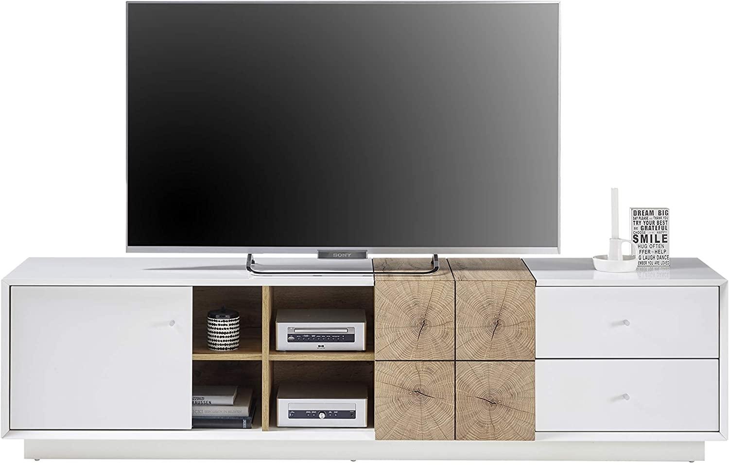 Robas Lund Lowboard weiß matt, Wohnzimmerschrank TV Möbel mit Absetzung Eiche Hirnholzoptik, BxHxT 180x46x40 cm Bild 1