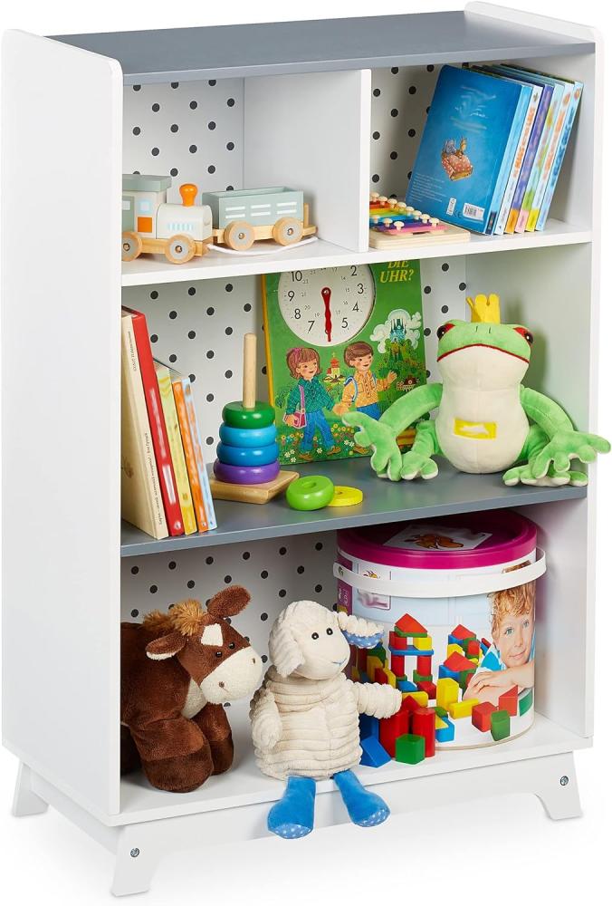 Relaxdays Kinderregal für Spielsachen & Bücher, HBT: 90x60x30 cm, 4 Fächer, Mädchen & Jungen, Spielzeugregal, weiß/grau Bild 1