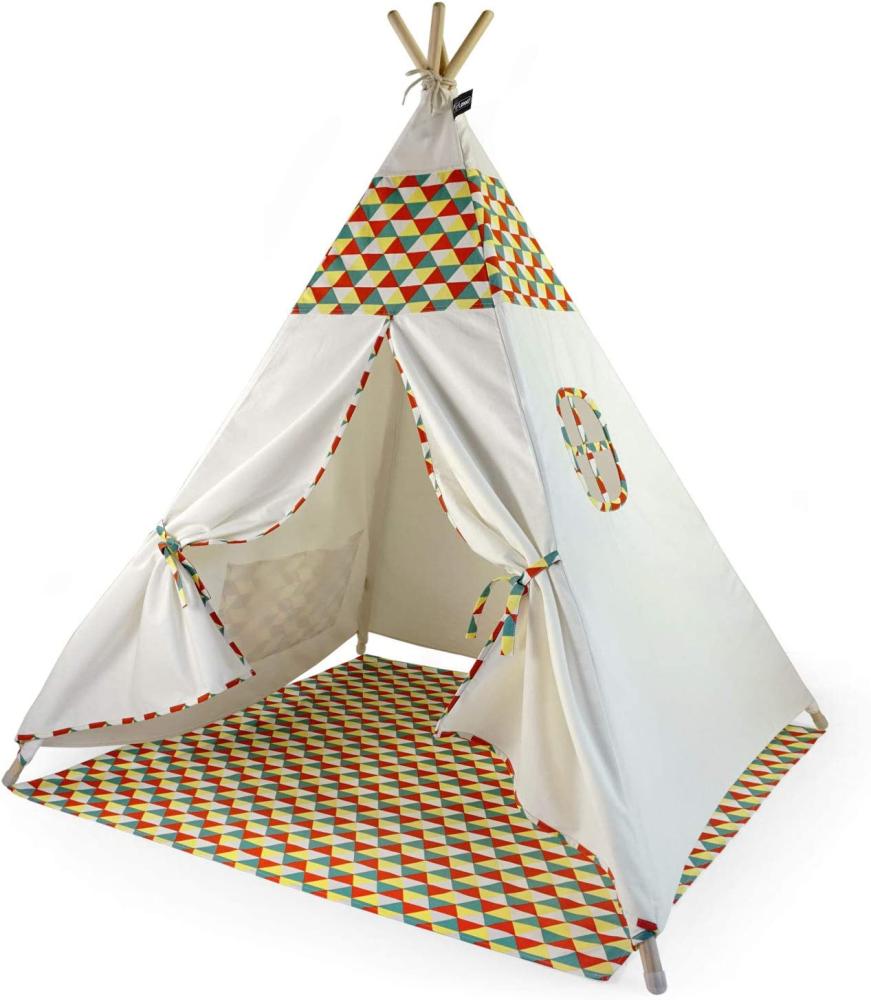 Hej Lønne Tipi Zelt für Kinder (Farbige Bemusterung), Indianerzelt, 4 Stangen, 120x120x150cm, Baumwolle Bild 1