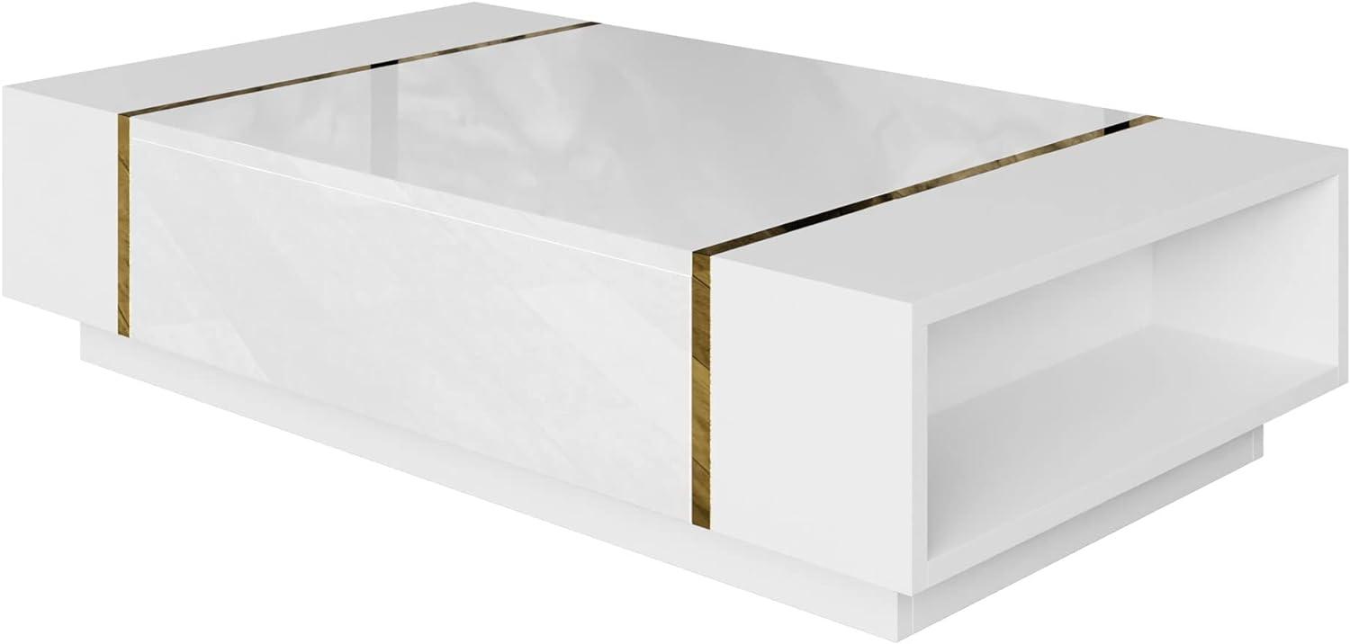 lukmebel Onyx Couchtisch Hoch Mit Hochglanz-Finish Unterthekenaufbewahrung Golden Elements Push-Open-Öffnungssystem Laminatplatte 104x60x365 Weiß Bild 1