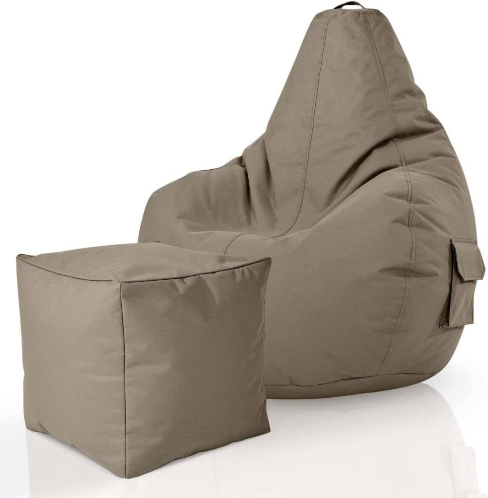 Green Bean© 2er Set Sitzsack + Hocker "Cozy+Cube" - fertig befüllt - Bean Bag Bodenkissen Lounge Sitzhocker Gamingstuhl Pouf - Khaki Bild 1