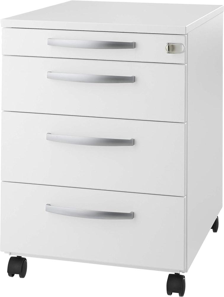 SCHÄFER SHOP Rollcontainer 3 Schubladen – Bürocontainer Aktenschrank Schubladenschrank, 1 Utensilienauszug, Zentralverriegelung - B 432 x T 580 x H 595 mm - Weiß Bild 1