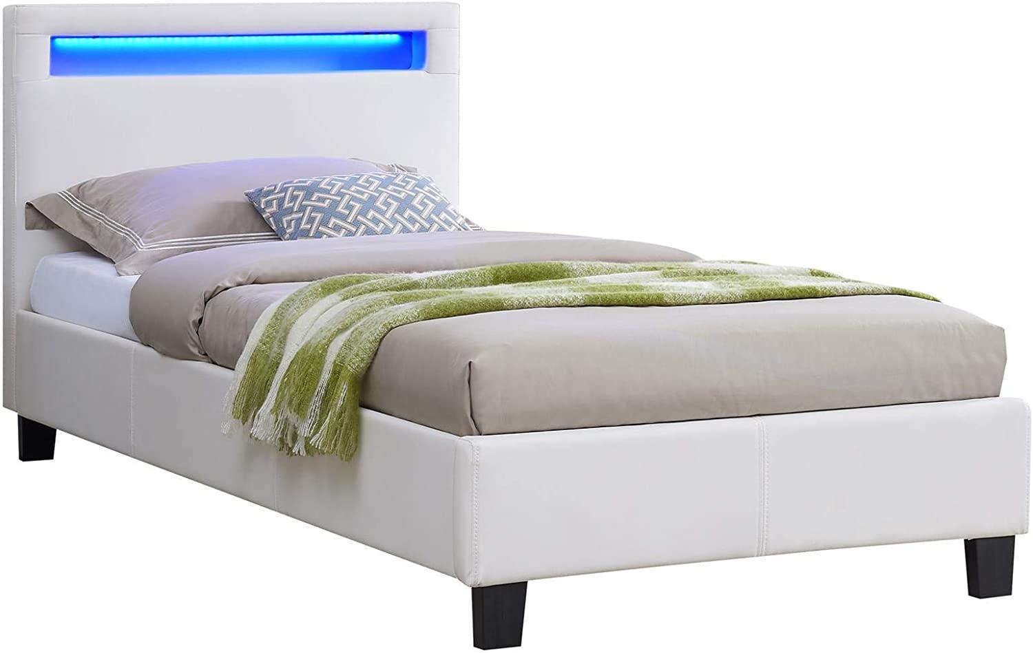 CARO-Möbel Polsterbett Mandalay mit LED Beleuchtung Einzelbett Lederbett 90 x 200 cm mit Lattenrahmen, Lederimitat in weiß Bild 1