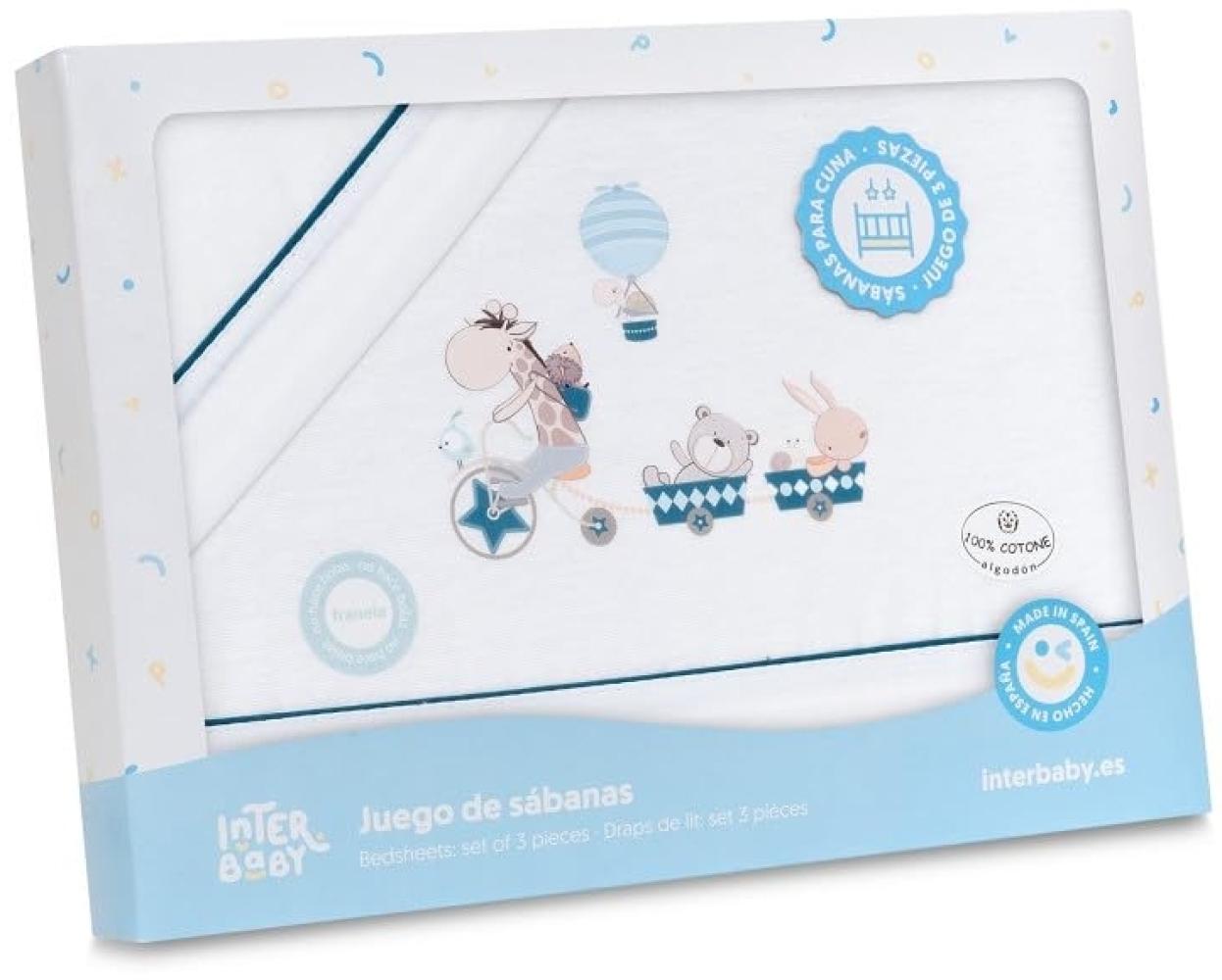 INTERBABY · Bettwäsche-Set für Kinderbett, Flanell "Jirafa Bicicleta" weiß petroleum · 100% Baumwolle · 3-teilig Bettlaken Winter für babys Bild 1