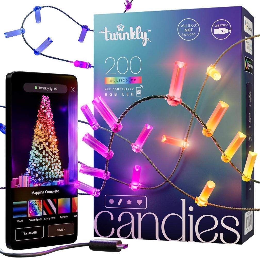 Twinkly Strings Candle 200 LED, LED-Lichterkette in Kerzenform, RGB LED-Lichter Mehrfarbig, Kompatibel mit Alexa & Google Home, Gaming-Lichter, Stromversorgung über USB-C, Grünes Kabel, 2 x 6m Bild 1