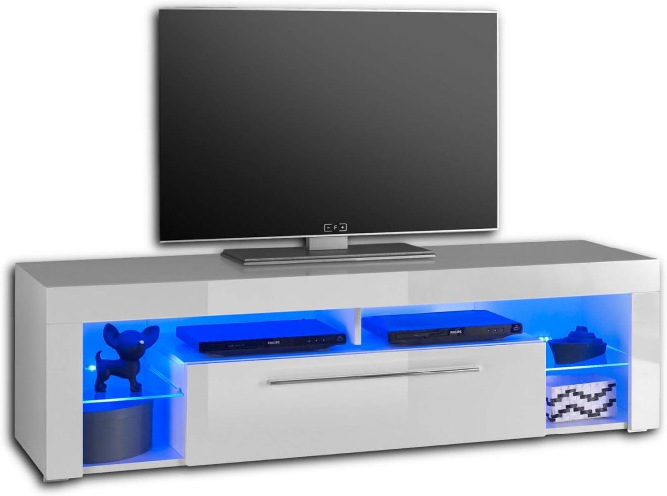 GOAL Lowboard in Hochglanz Weiß mit blauer LED-Beleuchtung - hochwertiges TV-Board mit viel Stauraum für Ihr Wohnzimmer - 153 x 44 x 44 cm (B/H/T) Bild 1