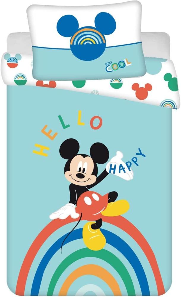 Disney Baby Kinder Wendebettwäsche Mickey Mouse Regenbogen Hello Happy Cool Türkis Bettdecke 100x135 + Kopfkissen 40x60 cm, 100% Baumwolle Bild 1
