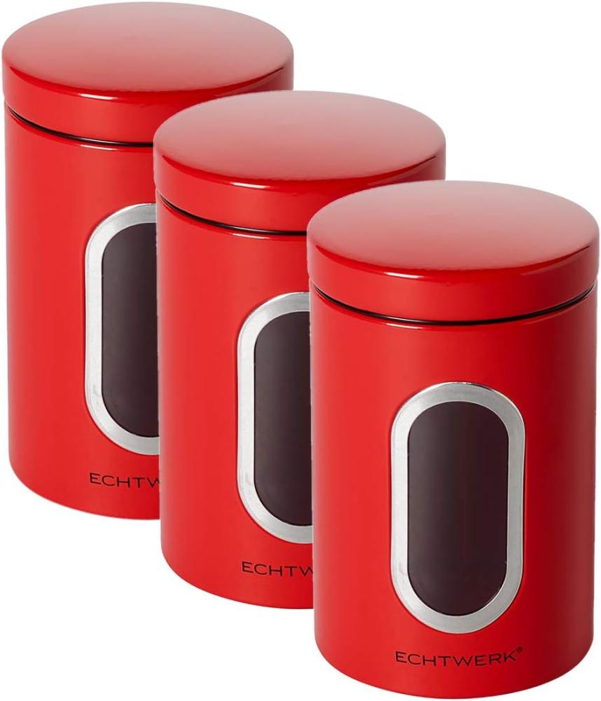 ECHTWERK stilvolle Vorratsdosen 3er Set-Rot, zur Aufbewahrung von Mehl/Zucker/Müsli/Tee, Metalldose mit Luftdichtem Deckel und großem Sichtfenster, Fassungsvermögen 1, 4L, Iron, 3 Bild 1