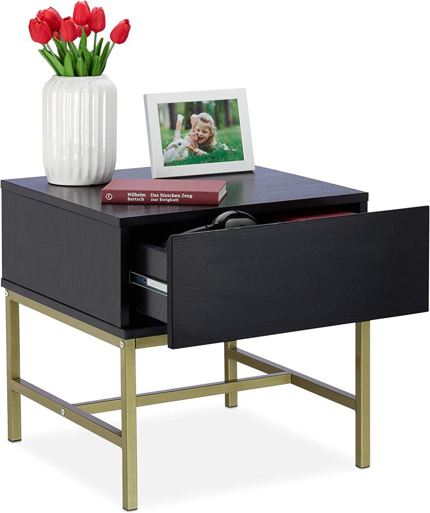 Relaxdays Nachttisch schwarz, quadratischer Beistelltisch m. Schublade, Holz, goldenes Metallgestell, 50x50x50 cm, black Bild 1