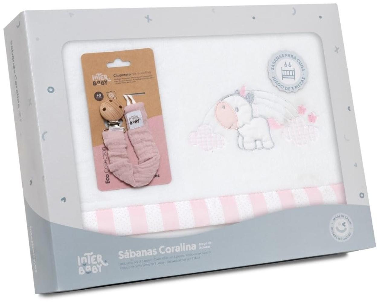 Fleece-Plüsch-Bettlaken-Set Kinderbett "Unicornio Nube" weiß rosa & Schnullerketten Musseline mit Clip · 3- Teilig Winter -Bettwäsche-Set für kinderbett · Babys Bild 1