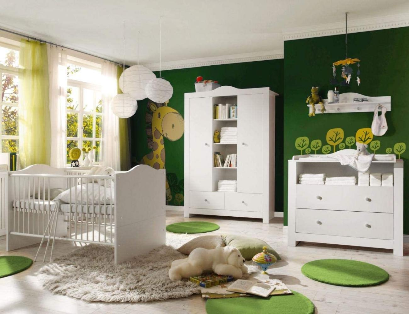 Storado 5-tlg. Babyzimmer-Set Paris weiß matt/helle Griffe inkl. Kinderbett, Wickelkommode, Kleiderschrank, Hängeregal und Lattenrost Bild 1