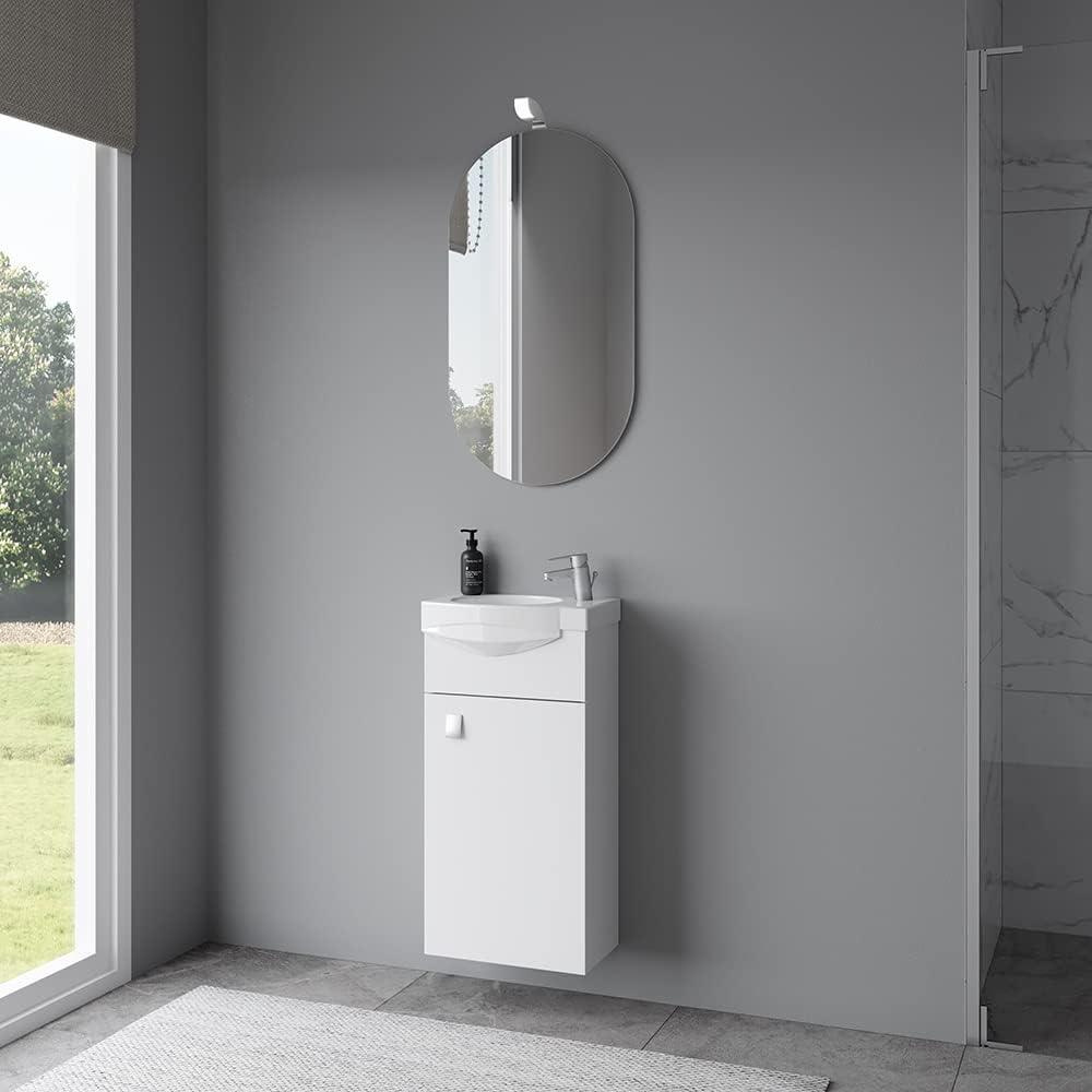 Planetmöbel Waschtischunterschrank 40cm mit Waschbecken in Weiß, Badmöbel Set mit Spiegel und Leuchte Bild 1