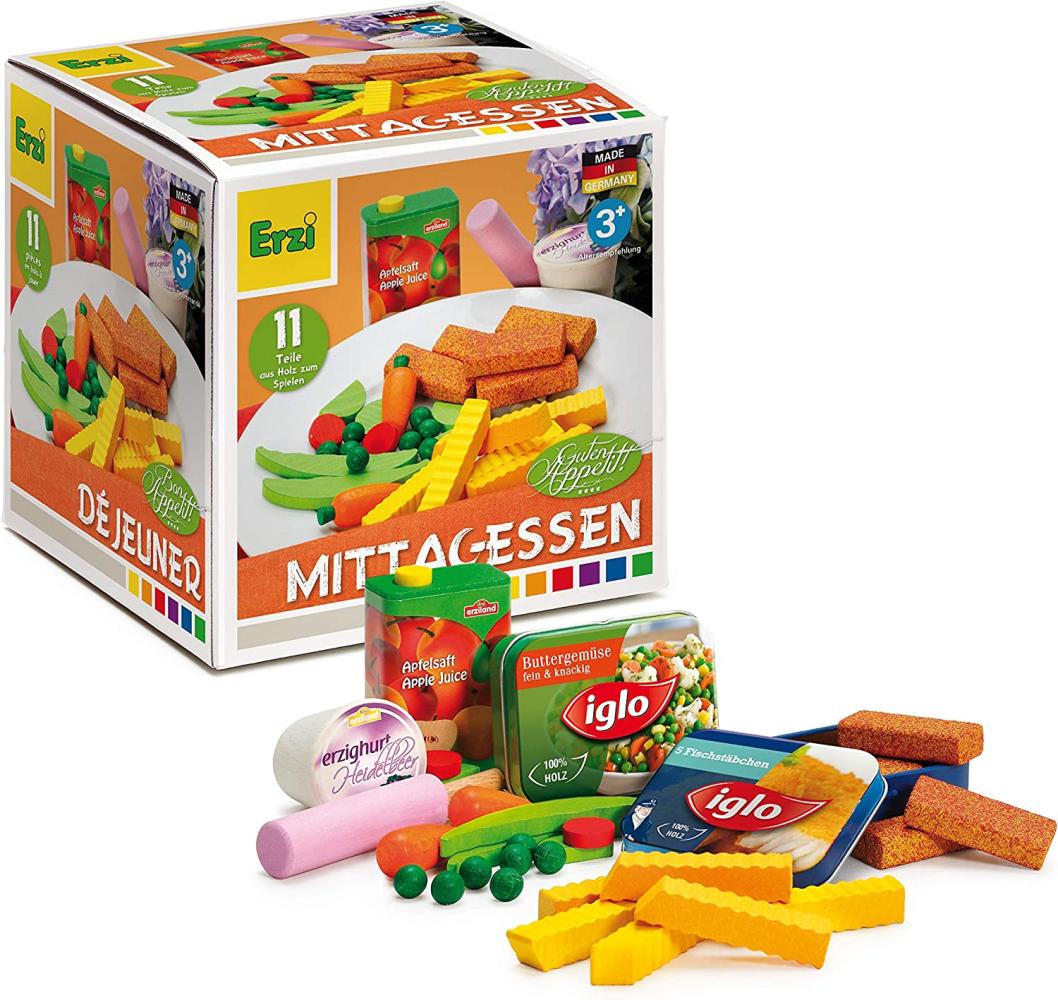 Erzi Mittagessen Sortierbox ideal zum Kochen in der Spielküche von Fischstäbchen mit Pommes und Gemüse mit hochwertigen Spielzeuglebensmittel aus Holz Bild 1