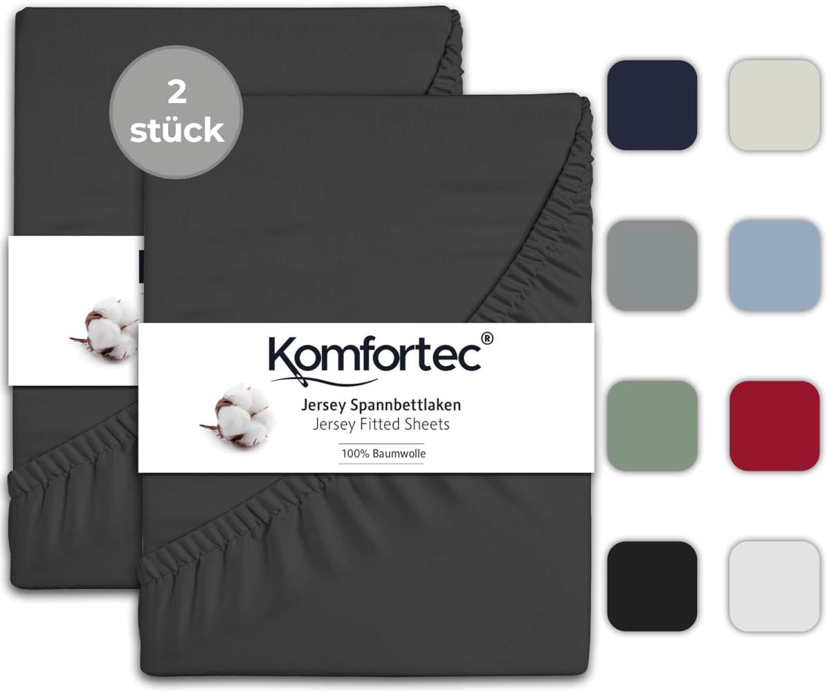 Komfortec 2er Pack Jersey Spannbettlaken 90x200 cm, 100% Baumwolle, Doppelpack Spannbettuch, Anthrazit Bild 1