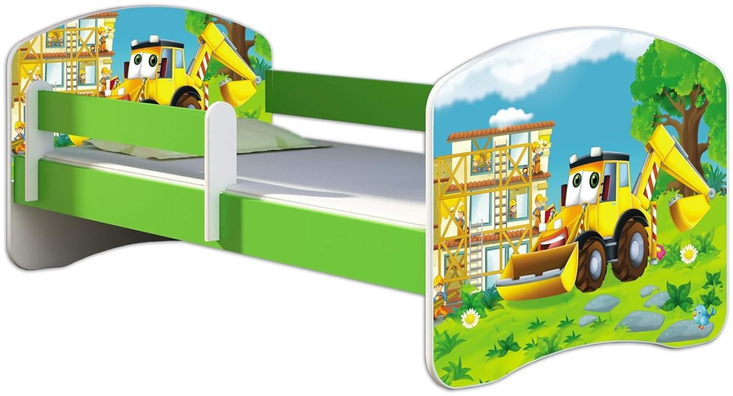 ACMA Kinderbett Jugendbett mit Einer Schublade und Matratze Grün mit Rausfallschutz Lattenrost II 140x70 160x80 180x80 (20 Bagger, 160x80) Bild 1