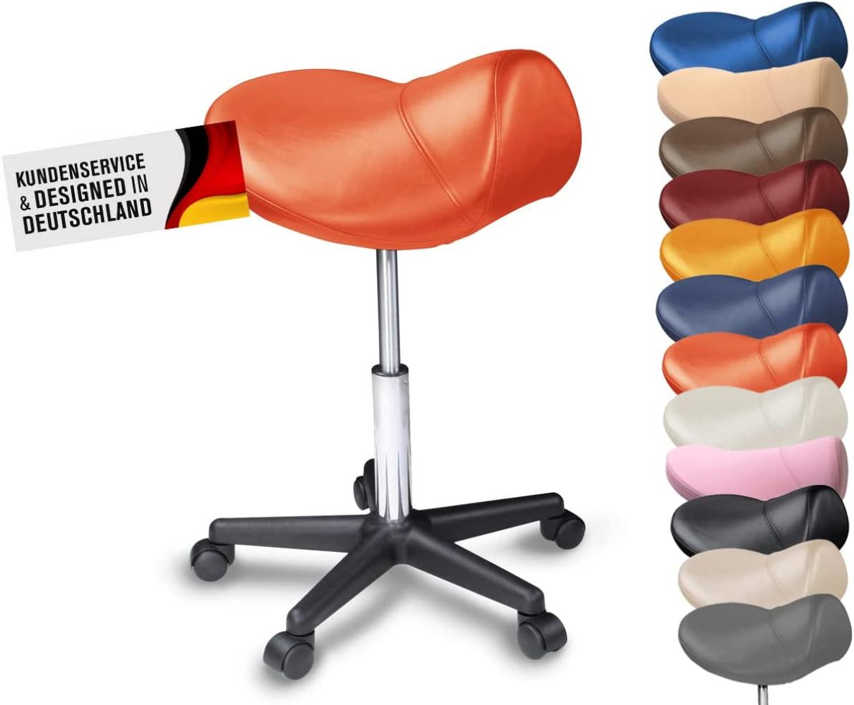 Sattelhocker / Sattelstuhl mit PU Rollen für alle Böden - ergonomisch - stufenlos höhenverstellbar - viele Farben - 360° drehbar - Arbeitshocker - Praxishocker - Kein Werkzeug notwendig (Apfelsine) Bild 1