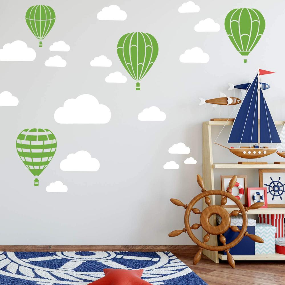 Heißluftballon & Wolken Aufkleber Wandtattoo Himmel | Wandbild 6x DIN A4 Bögen | Sticker Kinder Kinderzimmer Deko Ballons (Lindgrün) Bild 1