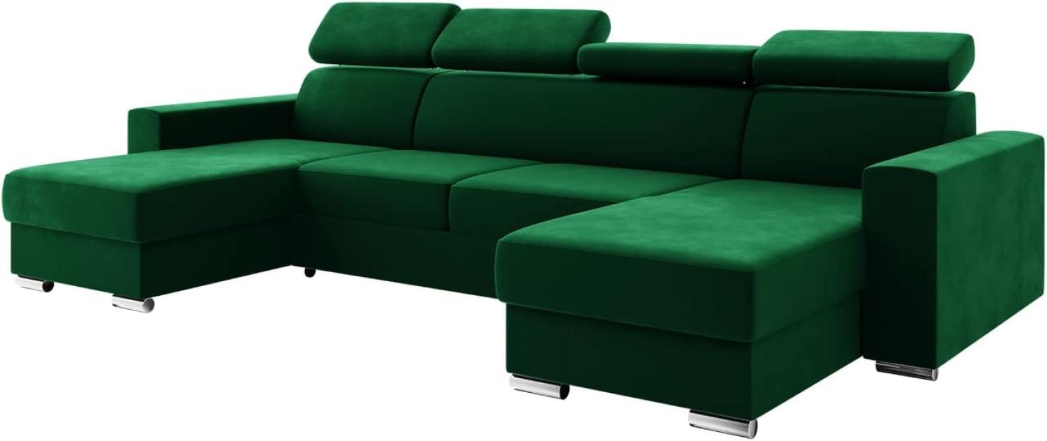 MEBLINI Schlafcouch mit Bettkasten - VOSS - 306x168x79cm - Grün Samt - Ecksofa mit Schlaffunktion - Sofa mit Relaxfunktion und Kopfstützen - Couch U-Form - Eckcouch - Wohnlandschaft Bild 1