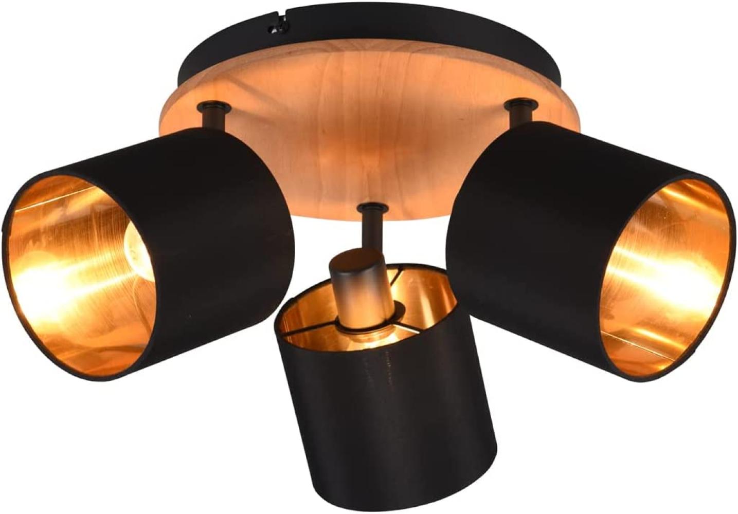 LED Deckenstrahler rund 3 flammig Holz & Stoffschirme in Schwarz Gold Bild 1