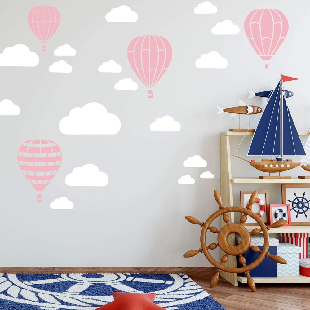 Heißluftballon & Wolken Aufkleber Wandtattoo Himmel | Wandbild 6x DIN A4 Bögen | Sticker Kinder Kinderzimmer Deko Ballons (Rosa) Bild 1